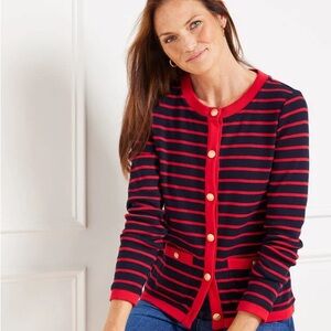 Talbots Patch Pocket Cardigan in Indigo/Ruby Red Stripe Plus Size 1X